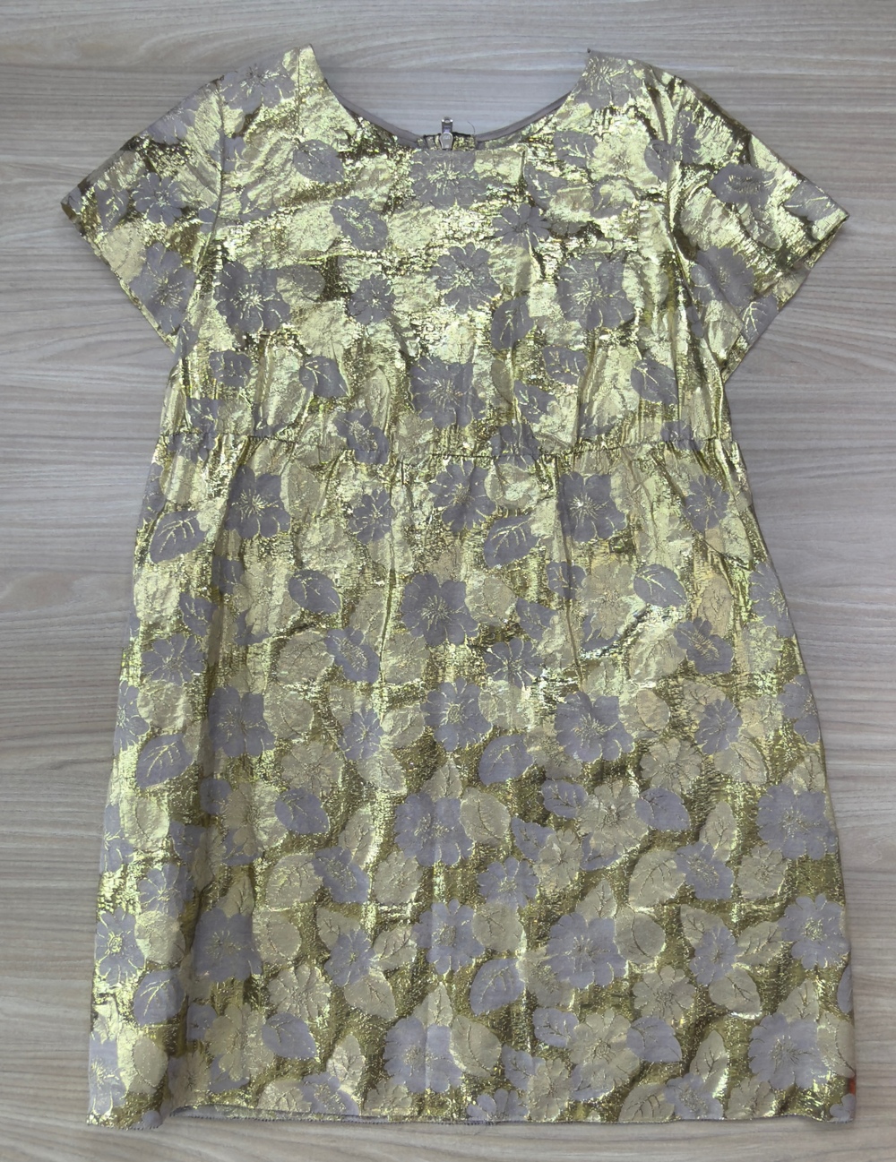 Gold Metallic Floral Brocade Women's Mini Dress Size 4 Short Sleeve Party Retro